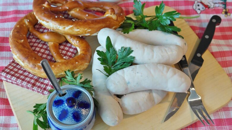 Bavarian recipes Weißwurst breakfast with pretzel